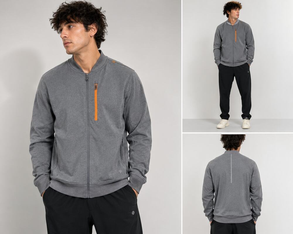 Lululemon Men's Gray Full Zip Bomber Jacket XL Tech Stretch Orange Zip Pockets
